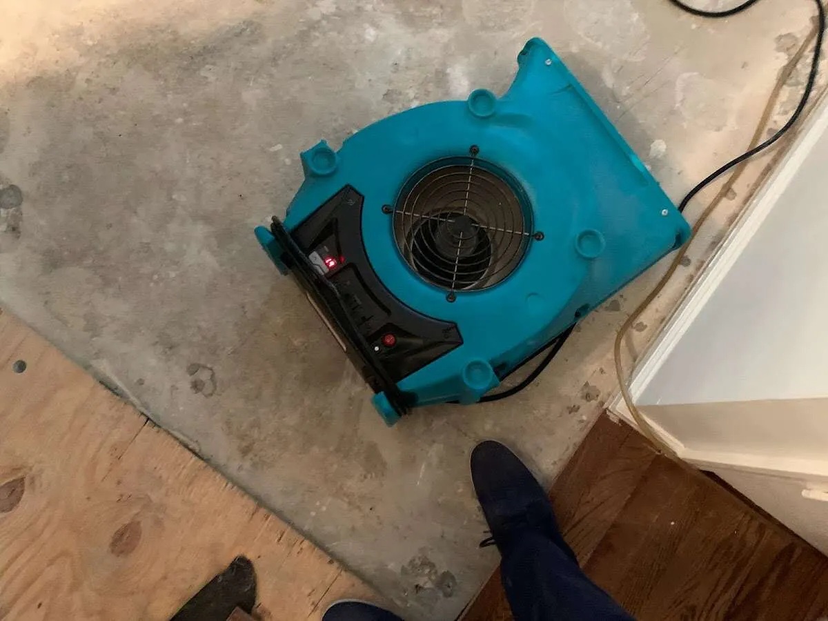 Air mover drying subfloor during Leak Detection & Repair in Kenilworth